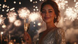 © JKLoma - A beautiful Caucasian woman in an elegant silver sequin dress, holding a champagne glass and toasting under fireworks lighting up the night sky as she celebrates New Year 2025