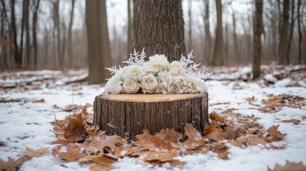 Poster - White Flowers on a Tree Stump in a Snowy Forest