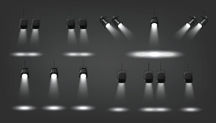 Wall Mural - stage spotlights set isolated on black background. vector realistic illustration of bright ceiling l