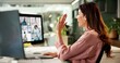 © peopleimages.com - Video conference, computer and business woman with wave, greeting and creative training on screen in startup. Webinar, online call and copywriter with hello, group and virtual chat or news meeting