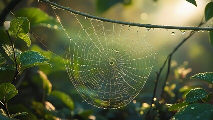 Dew-Covered Spider Web in Natural Light Creating a Stunning Intricate Web Pattern and Detailed Close-Up View of Nature
