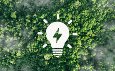 renewable, green energy and saving energy efficiency. light bulb icon in forest for sustainable ener