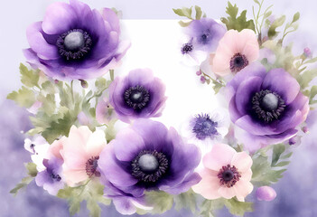 Wall Mural - anemone flower creative purple garden flora vector leaf blue bouquet pattern food ai anemones banner celebration modern blossom spring elegant wide illustration decoration berries paint dding bunch