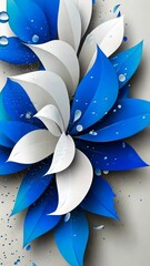 Wall Mural - blue and white leaves with water droplets arranged in a circular pattern on a light gray background