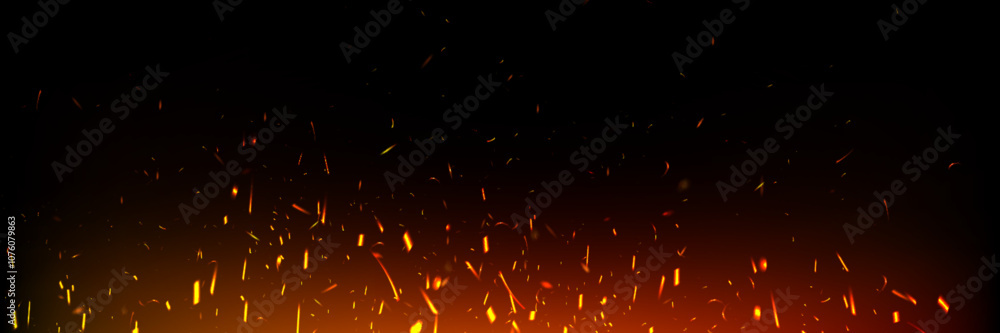 Fire sparks floating upward on dark background. Glowing orange embers ...