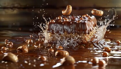 A chocolate bar with nuts splashes into a pool of melted chocolate, creating a dramatic and delicious scene.