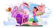 © klyaksun - Magical purple dragon emerges from open fairy tale book while smiling child stands watching. Pink castle floats in cloudy sky background. Children enchanting story or legend reading experience. © klyaksun - Magical purple dragon emerges from open fairy tale book while smiling child stands watching. Pink castle floats in cloudy sky background. Children enchanting story or legend reading experience.