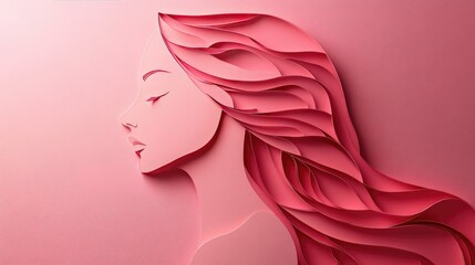 An artistic paper cut portrait of a woman with flowing hair and abstract features, set against a soothing pink background.