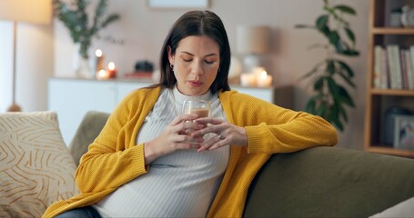 Wall Mural - Coffee, relax and thinking with pregnant woman, sofa and living room of home for maternity leave wellness. Break, warm drink and mother blowing with glass, apartment and comfort for pregnancy or rest