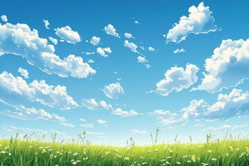 A vast green meadow with scattered wildflowers against a bright blue sky filled with puffy white clouds.