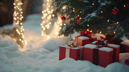 Wall Mural - A snowy scene with a group of presents wrapped in festive paper, neatly placed beneath an evergreen tree adorned with lights, waiting to be opened.