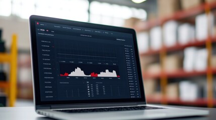 Wall Mural - A laptop displaying data analytics charts in a warehouse setting, highlighting productivity and technological integration in logistics.