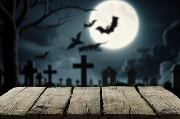 Canvas Print - Empty wooden table and dark scary Halloween background.