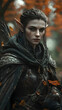 © HQAsset - A Realistic Female Elf Warrior with Elven Ears, Dressed in Dark Leather Armor and a Hood, Standing in an Autumn Forest with Fallen Leaves