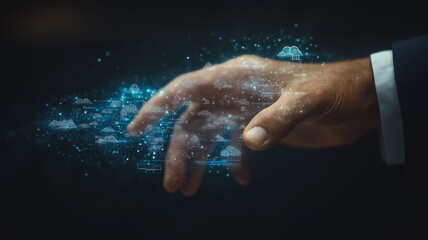 Wall Mural - a hand is reaching out to touch a screen with a blue background. the hand is surrounded by a lot of 