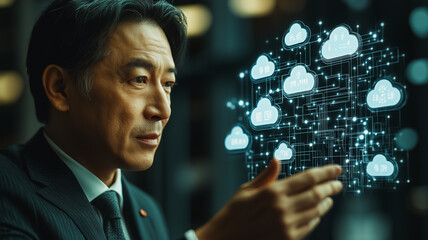 Wall Mural - A man is looking at a computer screen with a cloud image. The image is a representation of the cloud computing industry and the man is likely a professional in the field