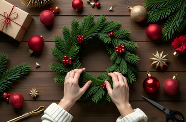 Top view,  woman is making a Christmas wreath, Christmas decorations are laid out around on a wooden table. Selective focus, blurred background.