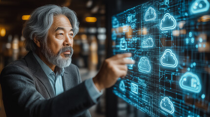 Wall Mural - A man pointing at a computer screen with a cloud icon. Concept of technology and the importance of staying up to date with the latest advancements