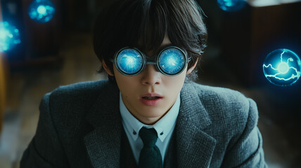 Poster - A man wearing glasses and a suit with a blue orb in his eye. The image has a futuristic and sci-fi vibe