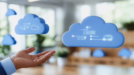 Wall Mural - a hand is holding a blue cloud with a white cloud in the background. concept of technology and innov