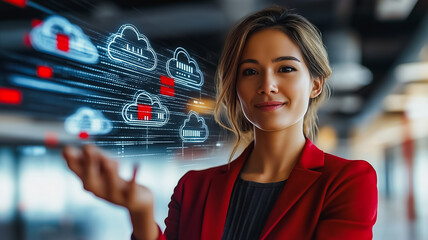 Wall Mural - a woman is holding a tablet with a cloud image on it. she is smiling and she is proud of the image