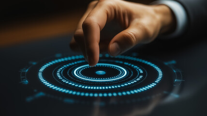 Wall Mural - a hand is pointing at a blue circle on a screen. the circle is surrounded by a series of smaller cir