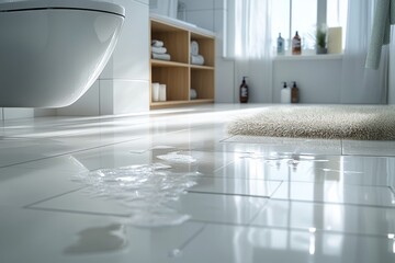Poster - A puddle of water on a white tiled bathroom floor, near a toilet and a rug.