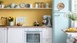 © cloud7days - A vibrant yellow kitchen with retro appliances and patterned tiles.
