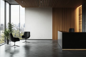 Poster - Modern office lobby with a reception desk, two chairs, and a large window overlooking the city.
