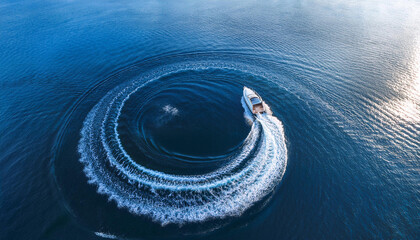  Motorboat forms a circle of waves and bubbles with its engines over the blue sea top view. ai generated