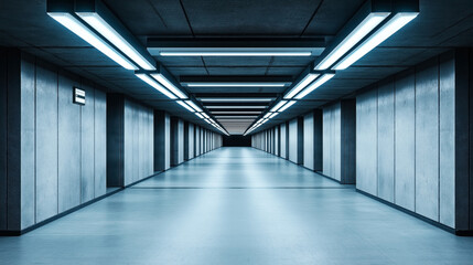 Sticker - Empty underground hallway with blue lighting and symmetrical ceiling lights, surrounded by concrete walls, creating a futuristic and minimalist atmosphere.