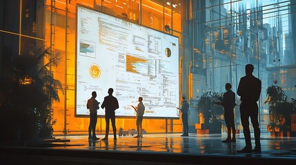 creative brainstorming scene, group of programmers actively discussing in front of a whiteboard fill