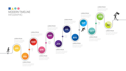 Wall Mural - infographic 12 month steps timeline journey to success growth template. line process diagram. vector
