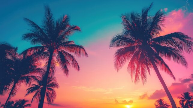 vibrant tropical sunset captures the essence of retro 80s style, highlighted by silhouetted palm tre