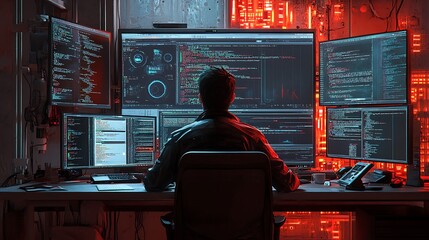 Developer debugging backend code, multiple screens showing API documentation, code editor, and server logs, modern tech office with ambient light, intense focus on the developer’s face,