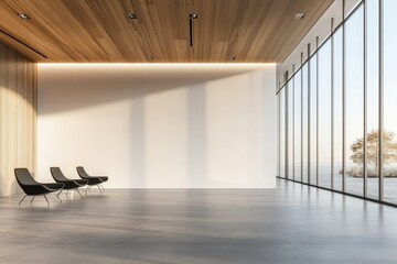Poster - Minimalist lobby with wood paneling, black chairs, and large windows.