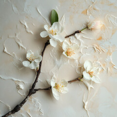 Wall Mural - very reduced scene of an almond blossom in lotion, light background.