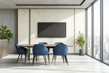 Poster - Modern office conference room with large window overlooking city skyline, featuring a wooden table, blue chairs, and a blank TV screen.