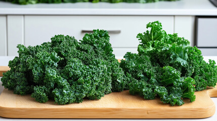 Wall Mural - Fresh green kale leaves on a wooden cutting board in a modern kitchen setting, showcasing vibrant texture and color of the leafy vegetable.