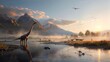 © cloud7days - Serene herd of Brachiosaurus grazing near a tranquil river, with a misty sunrise casting a soft light.