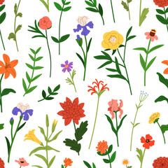 Sticker - Seamless floral pattern. Blooming flowers, endless background, botanical design. Summer blossoms, garden texture, print for fabric, wallpaper and wrapping paper. Colored flat vector illustration