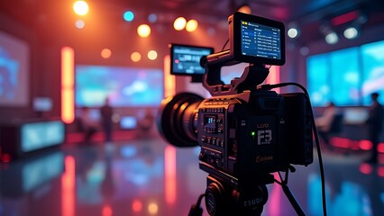 recording an interview on camera in a television studio with a blurred background, demonstrating med