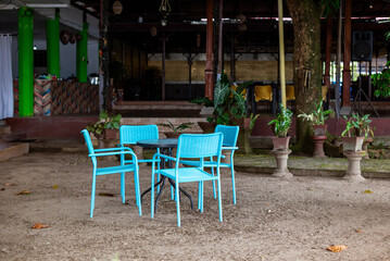 Tables and chairs for outdoor dining in a restaurant