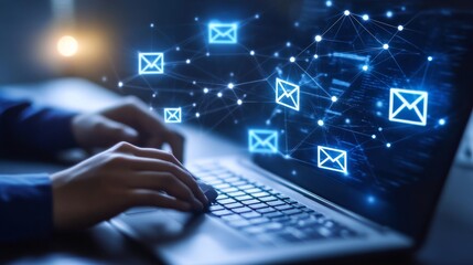 A person typing on a laptop with digital email icons floating above, representing electronic communication and connectivity.