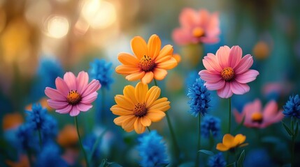 Wall Mural - A close-up shot of colorful flowers blooming in a garden, with a soft, blurry background. The flowers are orange, pink, and blue