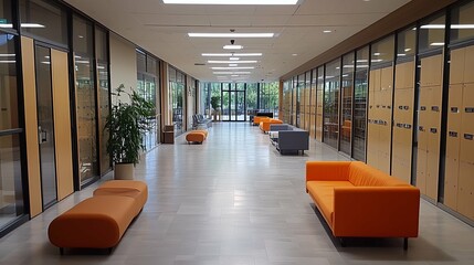 Wall Mural - Modern Lobby with Orange Seating and Glass Walls