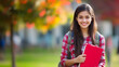 © UniqGraphicX - Young smiling Indian college girl at college campus holding books and notebooks.