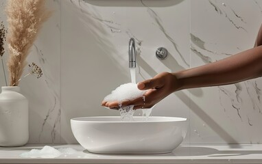 Wall Mural - Close up of black woman washing her hands using soap in modern minimalistic sleek bathroom with white sink and marble wall. Eco friendly lifestyle, sustainable living concept