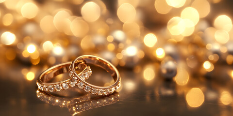 Wall Mural - golden bands of forever: two wedding rings, adorned with glittering diamonds, lie intertwined agains