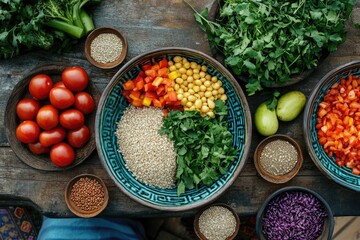 Sticker - Chef preparing colorful vegan buddha bowl with quinoa, chickpeas, and fresh vegetables